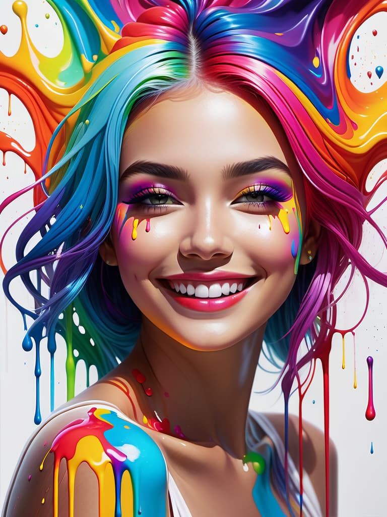  dreamscape masterpiece, best quality, pretty girl, Impactful composition, dripping neon heat splash paint across the shape of a smiling girl with multi-colored hair,, realistic , high detail, white background. body shoot . surreal, ethereal, dreamy, mysterious, fantasy, highly detailed