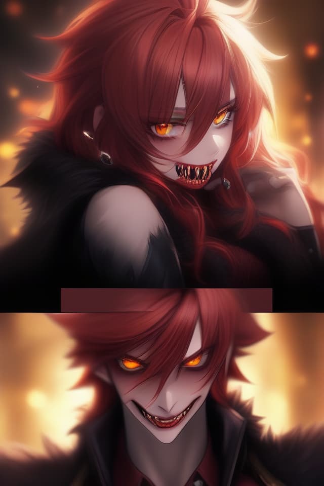  (Not a beast person) Masterpiece, {Vampire, Red Hair Color, (Beautiful Amber Eyes, Clear and Sparkling) (With Fangs) Beautiful} {Wolf, Cudling} GH Quality, 8k