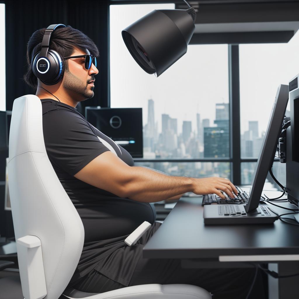  raccoon sitting in gaming chair front a computer on desktop, ((semi anthropomorphic)),(full body), tail, belly, sitting, fat, (chubby), (((white background))), solo, desktop, gaming chair, side view,  [[[clothes]]] hyperrealistic, full body, detailed clothing, highly detailed, cinematic lighting, stunningly beautiful, intricate, sharp focus, f/1. 8, 85mm, (centered image composition), (professionally color graded), ((bright soft diffused light)), volumetric fog, trending on instagram, trending on tumblr, HDR 4K, 8K