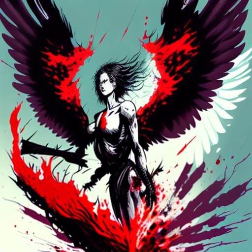 estilovintedois black winged angel with blood, launching an explosion