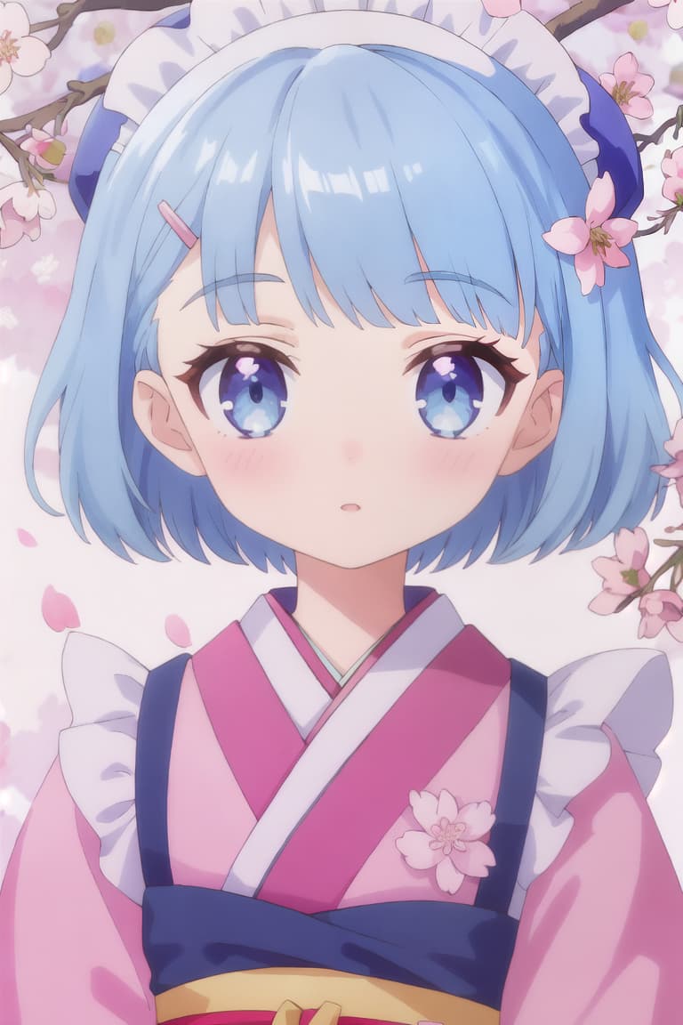  master piece , best quality,Girl, short, fluffy, short cut, fluffy, cute, light blue hair color, maid kimono with cherry blossom pattern, short bangs, bangs parted diagonally, face facing front, hairpin in bangs, short sideburns