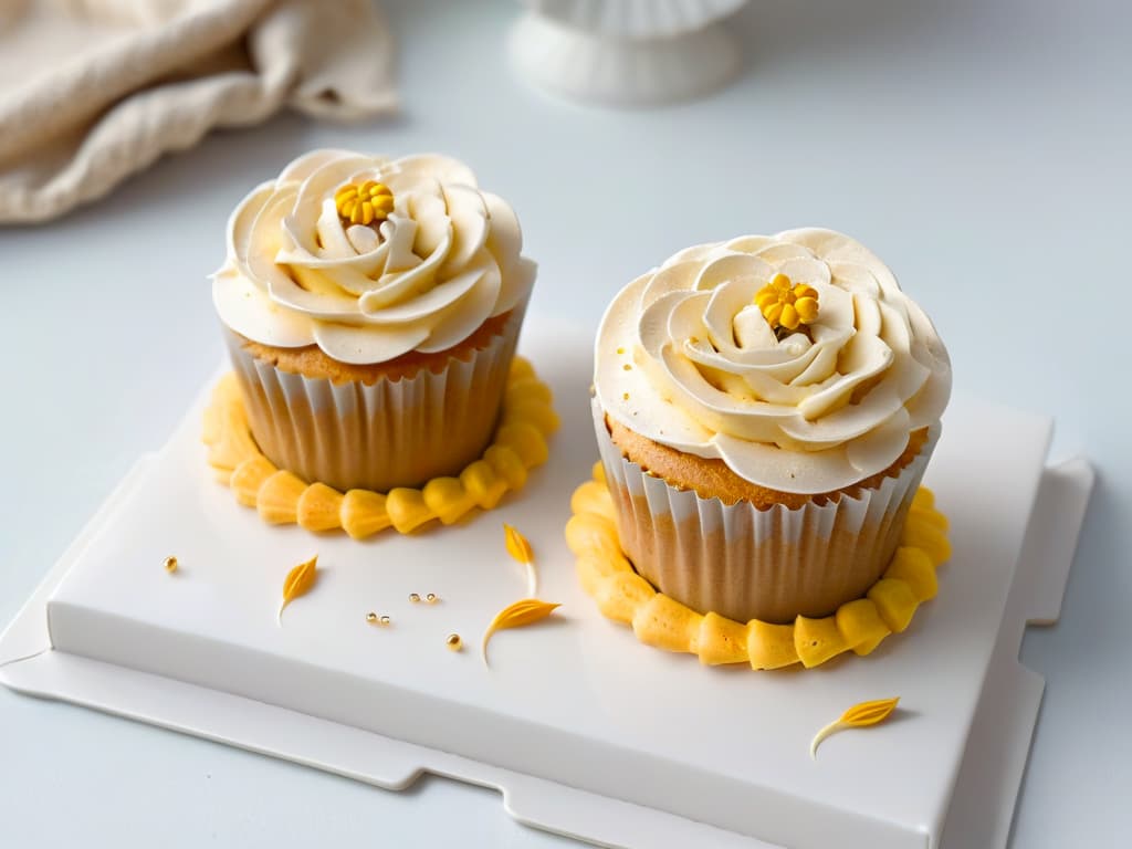  A closeup, ultradetailed image of a perfectly frosted cupcake with intricate piped buttercream swirls in pastel colors, topped with a delicate edible flower and a sprinkle of gold dust. The cupcake sits on a sleek, modern white plate against a minimalistic, clean background, emphasizing the artistry and craftsmanship of the pastry. hyperrealistic, full body, detailed clothing, highly detailed, cinematic lighting, stunningly beautiful, intricate, sharp focus, f/1. 8, 85mm, (centered image composition), (professionally color graded), ((bright soft diffused light)), volumetric fog, trending on instagram, trending on tumblr, HDR 4K, 8K