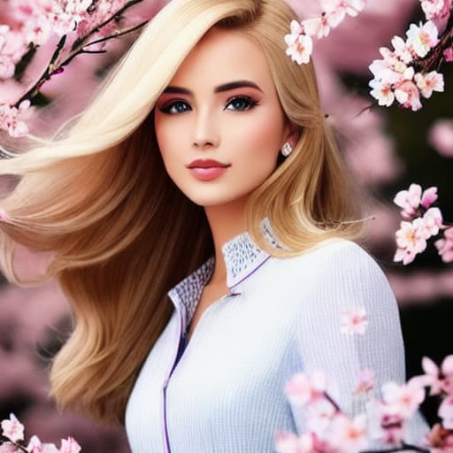 modelshoot style a beautiful lady with perfect face blond hair facing a flying sparrow unreal high quality. Background of Cherry blossom 🌸🌸🌸 flying petals everywhere surreal high quality
