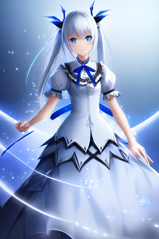  White hair, low stature, blue eyes, blue ribbon, loli, whole body, smile, murder, twin tail, white dress, darkness hyperrealistic, full body, detailed clothing, highly detailed, cinematic lighting, stunningly beautiful, intricate, sharp focus, f/1. 8, 85mm, (centered image composition), (professionally color graded), ((bright soft diffused light)), volumetric fog, trending on instagram, trending on tumblr, HDR 4K, 8K