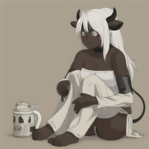  A beggar girl is a cow with dark gray skin and white hair, beige horns, and a cow's tail.