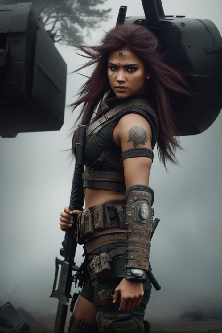  warrior, female, apocalyptic, weapons, gun, hatchet, beautiful , hyperrealistic, high quality, highly detailed, cinematic lighting, intricate, sharp focus, f/1. 8, 85mm, (centered image composition), (professionally color graded), ((bright soft diffused light)), volumetric fog, trending on instagram, HDR 4K, 8K