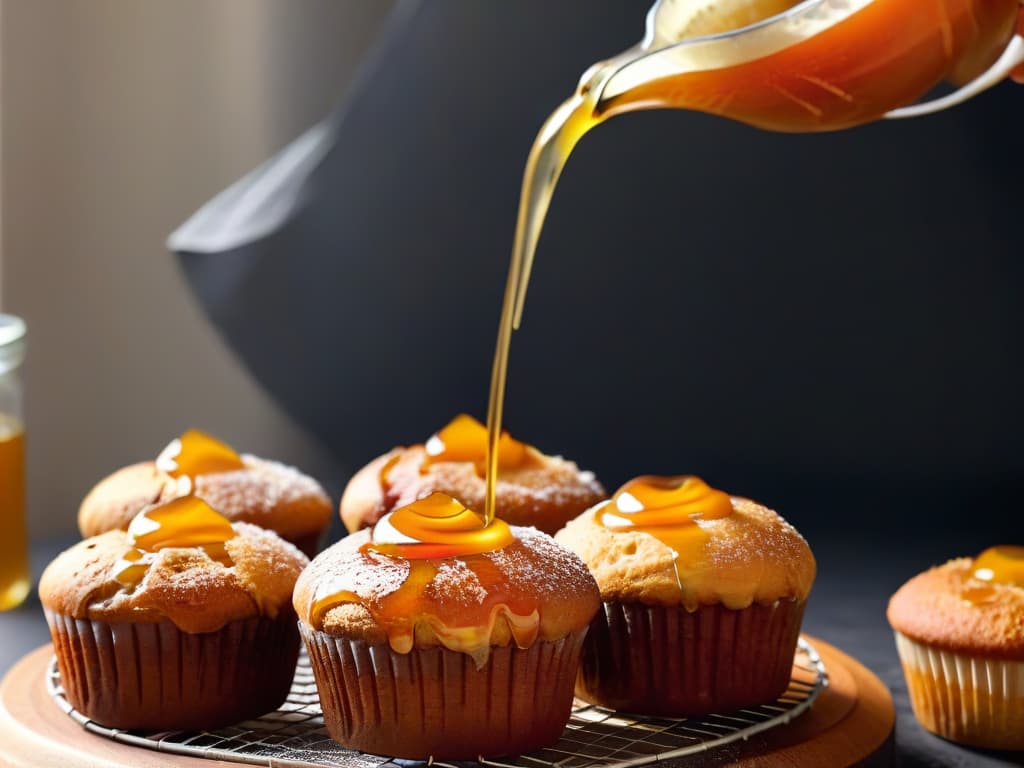  An ultradetailed closeup image of a golden honey dipper gently drizzling a swirl of ambercolored honey onto a stack of freshly baked honeyinfused muffins. The honey glistens under a soft ambient light, showcasing its rich texture and golden hue, while the muffins exude steam, hinting at their warmth and softness. The composition is simple yet mesmerizing, capturing the essence of using bee honey in homemade baking with a visually striking and minimalist approach. hyperrealistic, full body, detailed clothing, highly detailed, cinematic lighting, stunningly beautiful, intricate, sharp focus, f/1. 8, 85mm, (centered image composition), (professionally color graded), ((bright soft diffused light)), volumetric fog, trending on instagram, trending on tumblr, HDR 4K, 8K