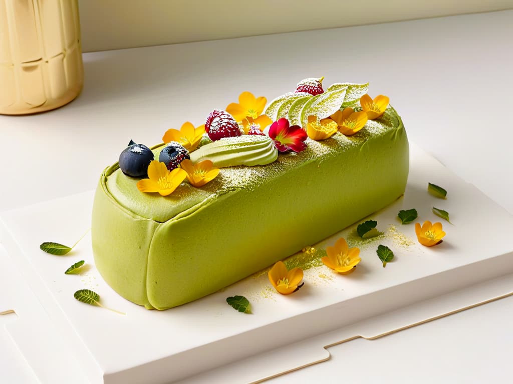  An ultrahigh resolution, 8k quality image of a delicate, handcrafted matcha green tea eclair by Sadaharu Aoki. The eclair is meticulously garnished with vibrant edible flowers and gold leaf, set against a clean, white backdrop that accentuates the intricate details and precision of the pastry. The image captures the essence of patience, artistry, and attention to detail that defines Sadaharu Aoki's exquisite pastry creations, appealing to the audience's sense of visual elegance and sophistication. hyperrealistic, full body, detailed clothing, highly detailed, cinematic lighting, stunningly beautiful, intricate, sharp focus, f/1. 8, 85mm, (centered image composition), (professionally color graded), ((bright soft diffused light)), volumetric fog, trending on instagram, trending on tumblr, HDR 4K, 8K