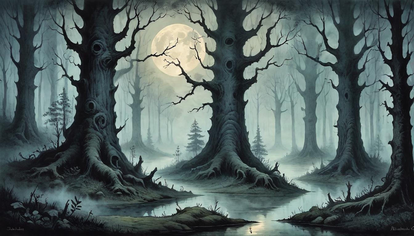  on parchment, surrealism+++, A dark, moonlit forest clearing, devoid of any disruptive elements, tranquil ambiance, shadows cast by tall ancient trees, mist gently rolling over the ground, serene, reflective(mysterious, provocative, symbolic,muted color)+++