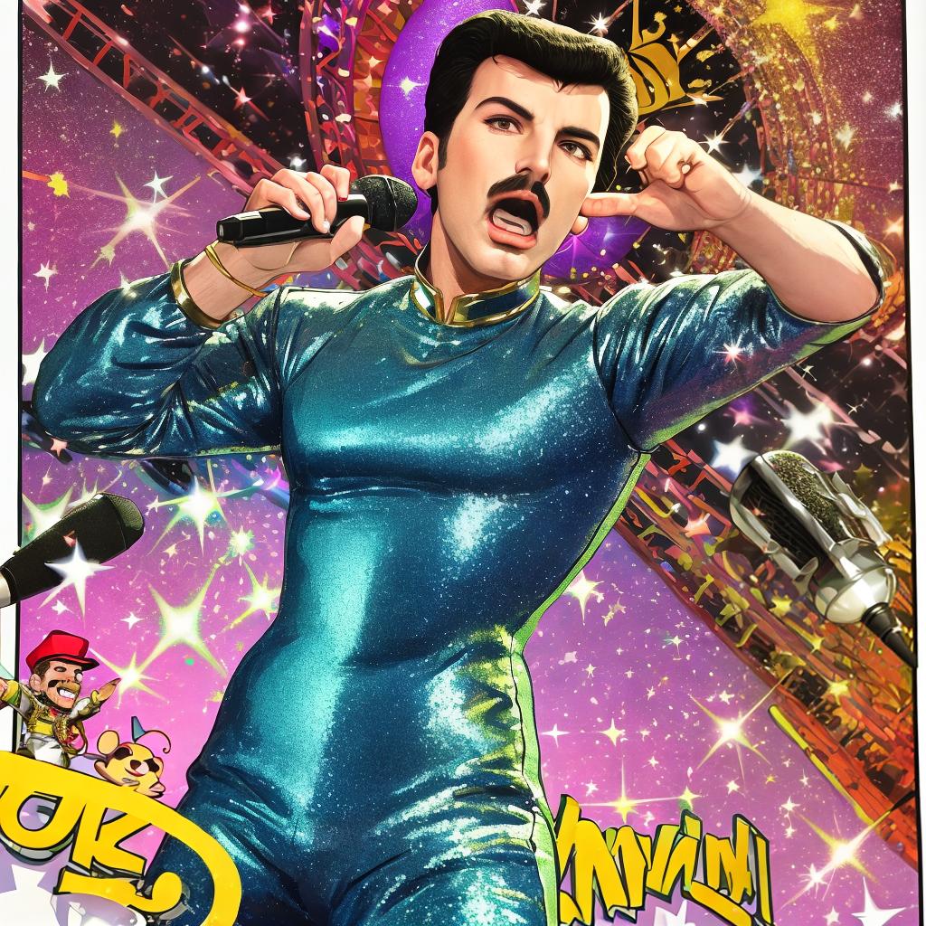  masterpiece, best quality, Comical depiction of Freddy Mercury holding a microphone ,singing, cartoon drawing with 3D shading, speech_bubble text "MAMA A A! (wearing a colourful glitter outfit) epic pose