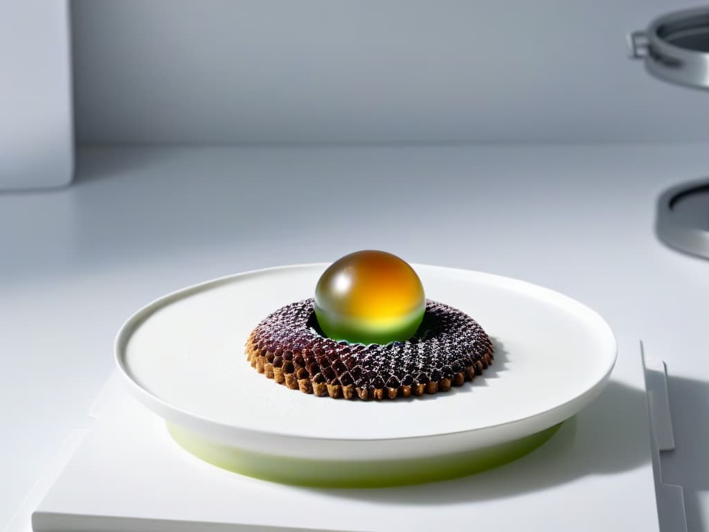  A sleek, minimalistic image of a molecular gastronomy dessert being meticulously crafted in a modern kitchen laboratory setting. The focus is on the precise assembly of intricate components, showcasing the fusion of science and culinary art in a visually captivating manner. hyperrealistic, full body, detailed clothing, highly detailed, cinematic lighting, stunningly beautiful, intricate, sharp focus, f/1. 8, 85mm, (centered image composition), (professionally color graded), ((bright soft diffused light)), volumetric fog, trending on instagram, trending on tumblr, HDR 4K, 8K