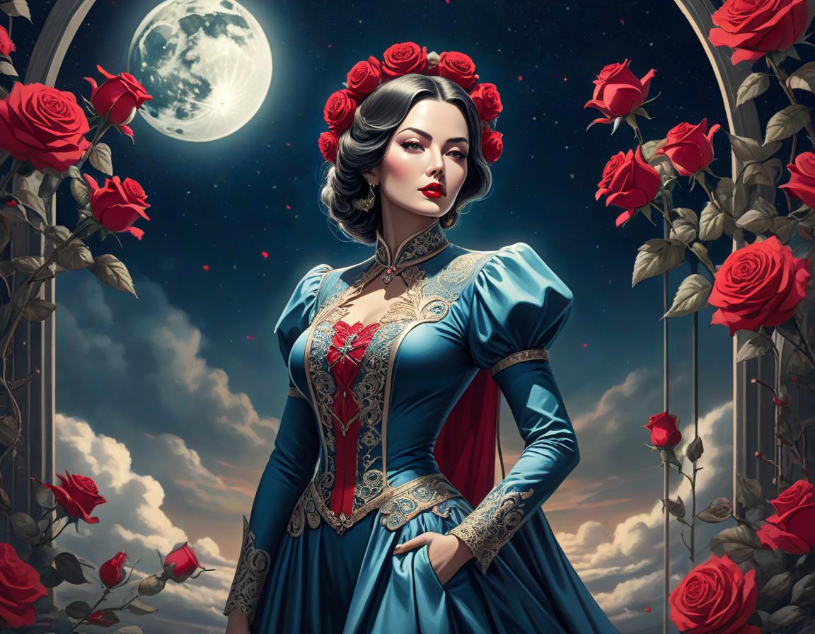  surrealist art An elaborate digital artwork of a woman in vintage attire with roses and a lunar backdrop. . dreamlike, mysterious, provocative, symbolic, intricate, detailed hyperrealistic, full body, detailed clothing, highly detailed, cinematic lighting, stunningly beautiful, intricate, sharp focus, f/1. 8, 85mm, (centered image composition), (professionally color graded), ((bright soft diffused light)), volumetric fog, trending on instagram, trending on tumblr, HDR 4K, 8K