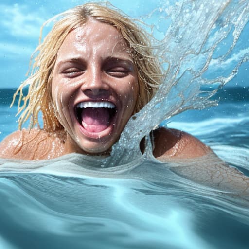  tanned blonde woman's face is in the water she's drowning she's screaming and panic a lot of water waves and splashes around her