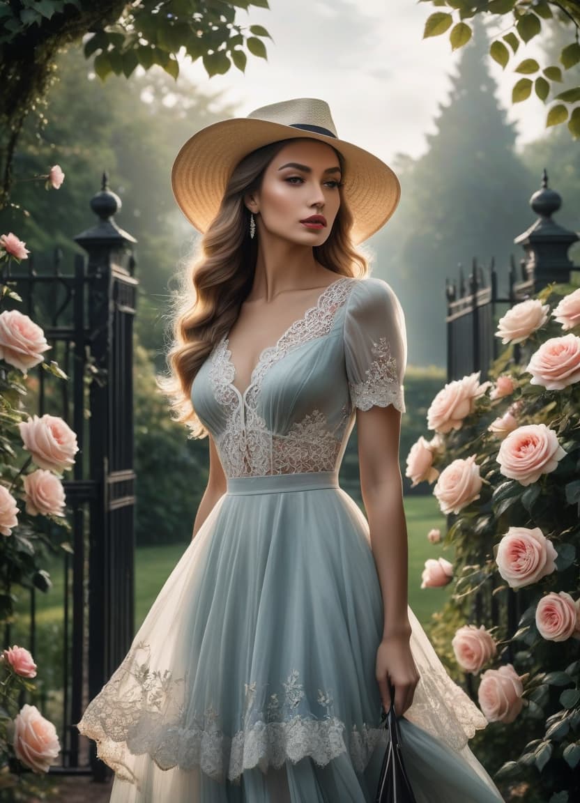  film noir style Delicate English watercolour in pastel tones, on the background of English garden flowers powder roses in dew, among roses stands a lovely in a straw hat decorated with flowers and in a lush dress with lace, openwork wrought iron fence, octane, dew glistens and shimmers in the sun lumen, in the distance marble statue, aesthetic flowers,art botanical, organic biological,realistic . monochrome, high contrast, dramatic shadows, 1940s style, mysterious, cinematic hyperrealistic, full body, detailed clothing, highly detailed, cinematic lighting, stunningly beautiful, intricate, sharp focus, f/1. 8, 85mm, (centered image composition), (professionally color graded), ((bright soft diffused light)), volumetric fog, trending on instagram, trending on tumblr, HDR 4K, 8K