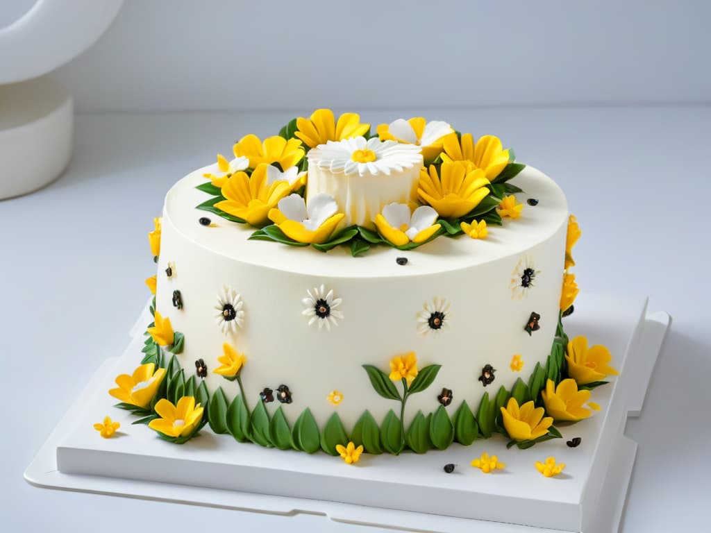  A closeup, ultradetailed image of a beautifully decorated cake with intricate piping designs and delicate sugar flowers, showcasing the artistry and skill involved in pastry decoration. The cake is set against a simple, white background to emphasize the precision and craftsmanship of the confectionery work. hyperrealistic, full body, detailed clothing, highly detailed, cinematic lighting, stunningly beautiful, intricate, sharp focus, f/1. 8, 85mm, (centered image composition), (professionally color graded), ((bright soft diffused light)), volumetric fog, trending on instagram, trending on tumblr, HDR 4K, 8K