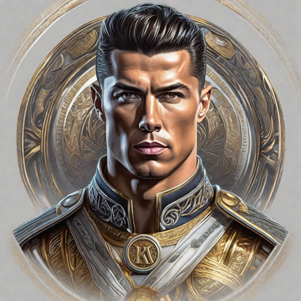  Ronaldo as king , realistic, portrait, art by donato giancola and greg rutkowski, realistic face, digital art, trending on artstation hyperrealistic, full body, detailed clothing, highly detailed, cinematic lighting, stunningly beautiful, intricate, sharp focus, f/1. 8, 85mm, (centered image composition), (professionally color graded), ((bright soft diffused light)), volumetric fog, trending on instagram, trending on tumblr, HDR 4K, 8K