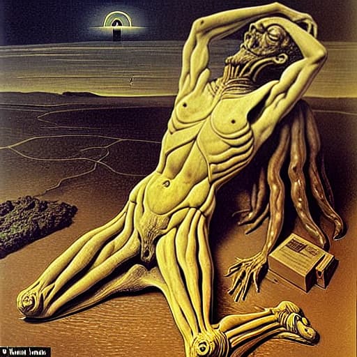  High Relief,by Salvador Dali,realistic version of RA disturbing image of a heavily decomposing goul crawling out of the grave, heavy raining with mud (human body in a metamorphosis state)Professional