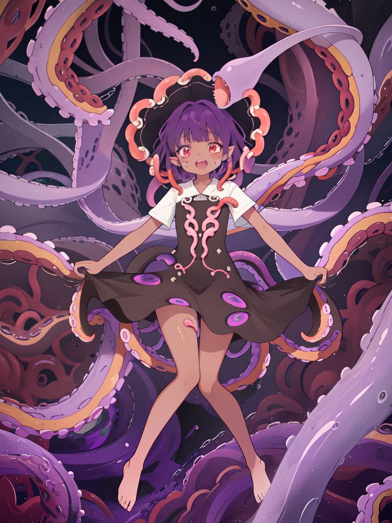  Tentacles, brown skin, short hair, crying face, purple hair, tentacle winding, open mouth, red eye, whole body, full body, masterpiece, best quality,8k,ultra detailed,high resolution,an extremely delicate and beautiful,hyper detail