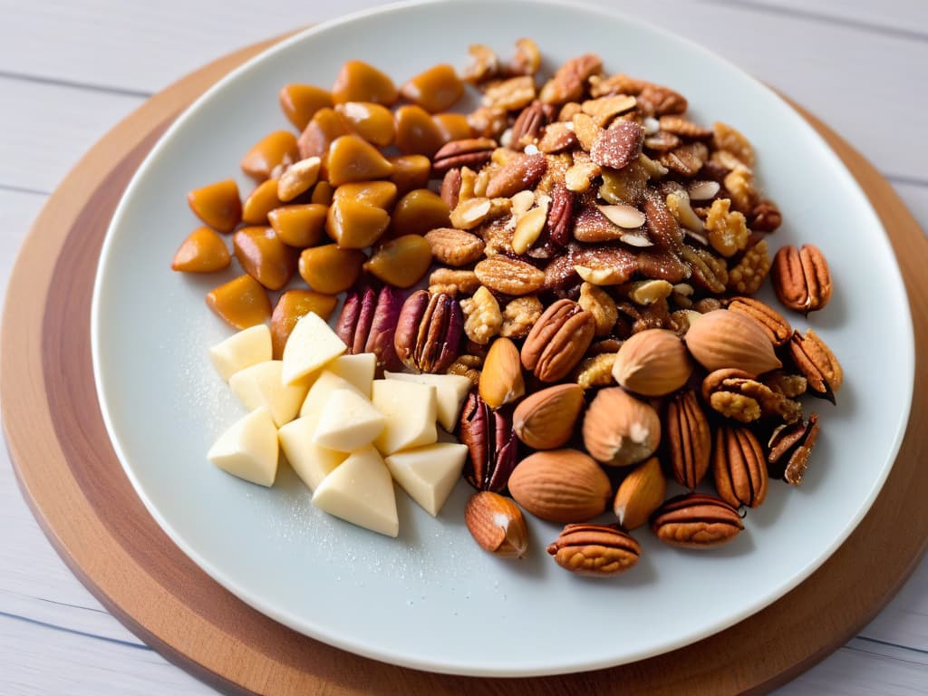  A closeup, ultradetailed image of a variety of caramelized nuts (such as almonds, pecans, and walnuts) arranged on a sleek, modern, minimalistic plate. The nuts glisten with a glossy caramel coating, showcasing their rich goldenbrown hues. Each nut is perfectly toasted, emitting a tantalizing aroma, while tiny caramelized sugar crystals catch the light, giving the image a luxurious and appetizing feel. hyperrealistic, full body, detailed clothing, highly detailed, cinematic lighting, stunningly beautiful, intricate, sharp focus, f/1. 8, 85mm, (centered image composition), (professionally color graded), ((bright soft diffused light)), volumetric fog, trending on instagram, trending on tumblr, HDR 4K, 8K