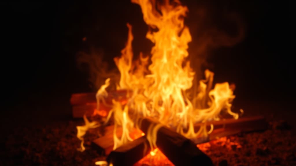  good quality, high quality, flames twisting and curling in the air from a fire pit, with sparks flying as the heat radiates through the night.