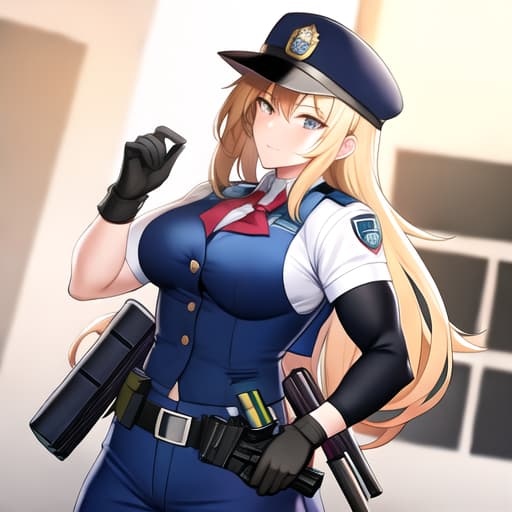  Female police officer vest gear and a pistol muscular