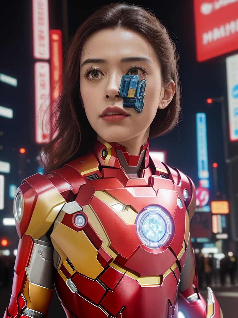  masterpiece, best quality, masterpiece, 8k resolution, realistic, highly detailed, Iron Man close up. He stands on a street lined with tall buildings in a cyberpunk style city at night. The city's night lights are bright, and the surrounding buildings and streets are full of cyberpunk elements such as neon lights, high tech equipment and futuristic architectural design.