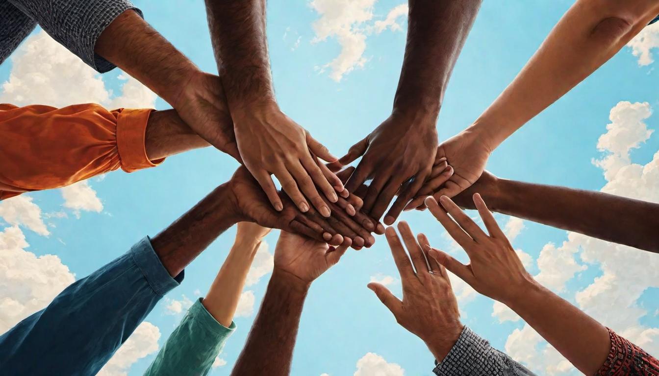  （surrealism)Group of interconnected people, hands linked, different backgrounds, standing in unity, mosaic like representation, colorful, radiant, collective strength and wisdom, empowering, harmonious mystic, intricate details, best quality)