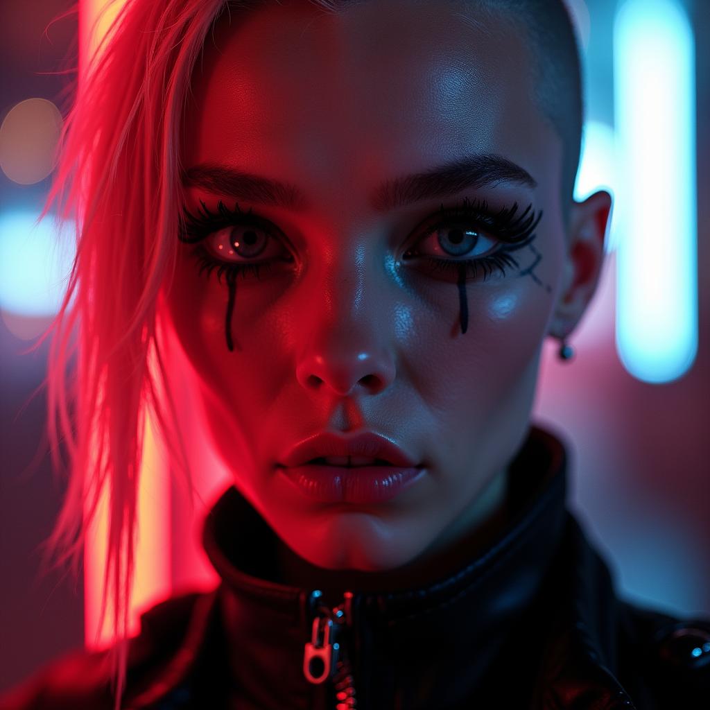  ultra realistic close up portrait ((beautiful pale cyberpunk female with heavy black eyeliner)), blue eyes, shaved side haircut, hyper detail, cinematic lighting, magic neon, dark red city, canon eos r3, nikon, f/1.4, iso 200, 1/160s, 8k, raw, unedited, symmetrical balance, in frame, 8k hyperrealistic, full body, detailed clothing, highly detailed, cinematic lighting, stunningly beautiful, intricate, sharp focus, f/1. 8, 85mm, (centered image composition), (professionally color graded), ((bright soft diffused light)), volumetric fog, trending on instagram, trending on tumblr, HDR 4K, 8K