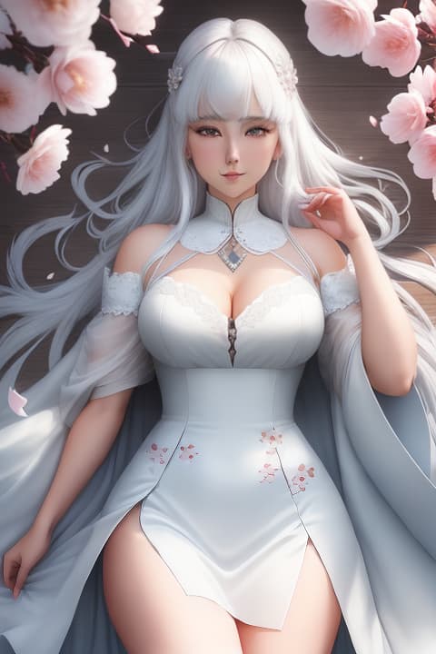  , white hair, camellia, cherry blossoms, ball, long hair, lying, bangs, blue eyes, falling petals, flower, looking at viewer, 1, , detailed eyes, hyperrealistic, full body, highly detailed, cinematic lighting, intricate, sharp focus, f/1. 8, 85mm, (centered image composition), (professionally color graded), ((bright soft diffused light)), volumetric fog, trending on instagram, HDR 4K, 8K