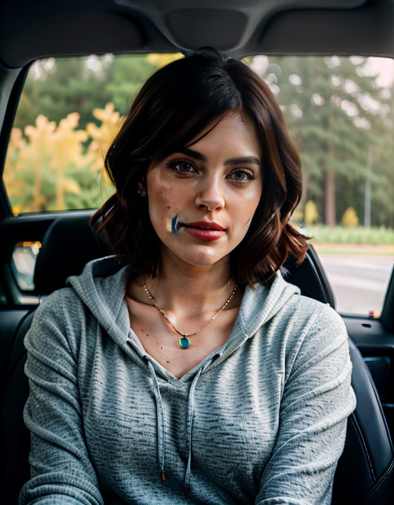  RAW photo, a 2 old , upper body, selfie in a car, blue hoodie, (raecmbr 2650:0.9), (r4ec4mbr4:0.95), (1), (realistic), (photo realistic:1.5), inside a car, driving, lipstick, freckles, (short hair), multicolor hair, necklace, (RAW photo, 8k uhd, film grain), Sharp Eyeliner, Blush Eyeshadow With Eyelashes, extremely delicate and beautiful, 8k, soft lighting, high quality, highres, sharp focus, extremely detailed, during the day, (sunlight on face), beautiful detailed eyes, extremely detailed eyes and face, masterpiece, cinematic lighting, (high detailed skin:1.2), 8k uhd, dslr, soft lighting, high quality, film grain, Fujifilm XT3 hyperrealistic, full body, detailed clothing, highly detailed, cinematic lighting, stunningly beautiful, intricate, sharp focus, f/1. 8, 85mm, (centered image composition), (professionally color graded), ((bright soft diffused light)), volumetric fog, trending on instagram, trending on tumblr, HDR 4K, 8K