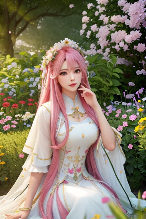  (masterpiece, best quality),1Afican American girl with long pink hair sitting in a field of green plants and flowers, her hand under her chin, warm lighting, white dress, blurry foreground hyperrealistic, full body, detailed clothing, highly detailed, cinematic lighting, stunningly beautiful, intricate, sharp focus, f/1. 8, 85mm, (centered image composition), (professionally color graded), ((bright soft diffused light)), volumetric fog, trending on instagram, trending on tumblr, HDR 4K, 8K