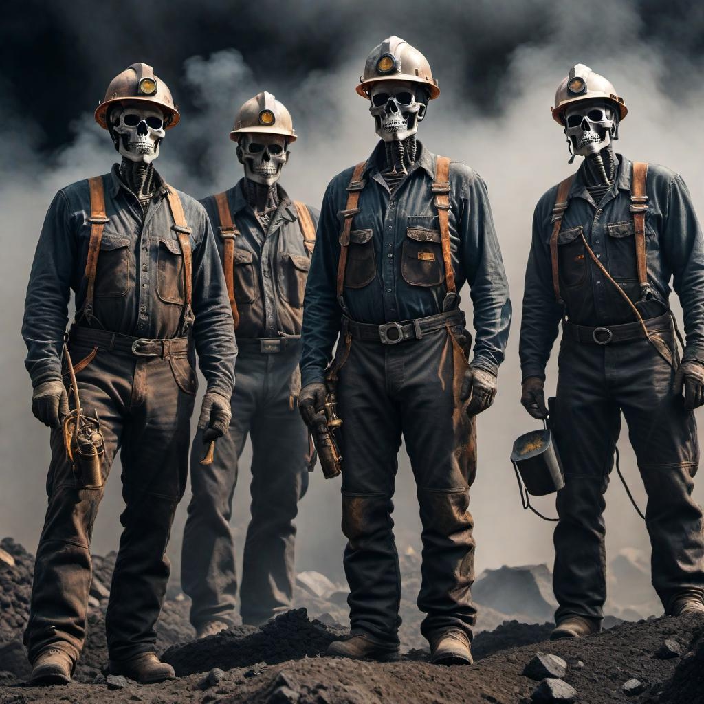  Sketch a picture of a group of coal miners portrayed as skeletons. hyperrealistic, full body, detailed clothing, highly detailed, cinematic lighting, stunningly beautiful, intricate, sharp focus, f/1. 8, 85mm, (centered image composition), (professionally color graded), ((bright soft diffused light)), volumetric fog, trending on instagram, trending on tumblr, HDR 4K, 8K