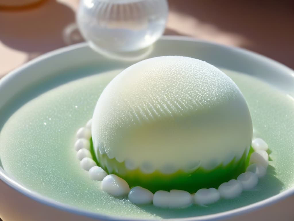  A closeup, ultradetailed image of a perfectly cooked tapioca pearl suspended in a clear, glossy syrup, showcasing its translucent appearance and delicate texture. The pearl is surrounded by tiny bubbles of air trapped within the gelatinous sphere, reflecting the light like a miniature crystal ball. The background is a soft blur of pastel colors, emphasizing the purity and simplicity of this iconic Asian dessert ingredient. hyperrealistic, full body, detailed clothing, highly detailed, cinematic lighting, stunningly beautiful, intricate, sharp focus, f/1. 8, 85mm, (centered image composition), (professionally color graded), ((bright soft diffused light)), volumetric fog, trending on instagram, trending on tumblr, HDR 4K, 8K