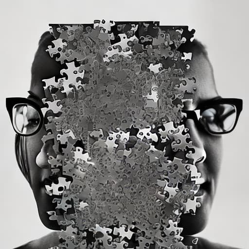 dublex style A4 paper, b&w, man wearing glasses, nature built from medium sized puzzle pieces