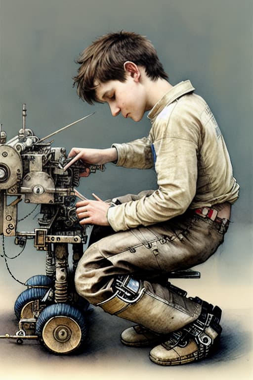  A boy working on his robot, muted colors, by jean-baptiste monge