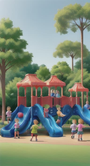  {Children playing in a sunny park with swings and slides., Same group of happy children, now wearing casual play clothes.