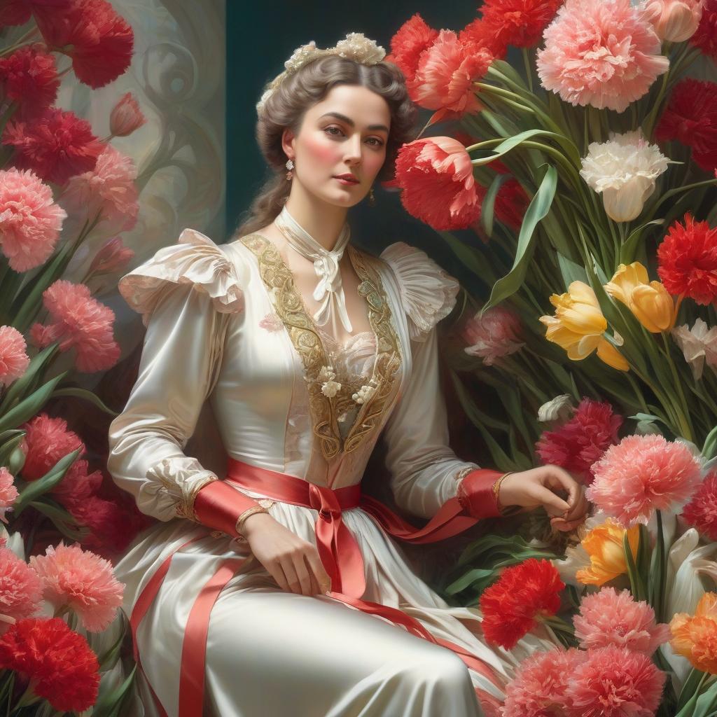  May 9 сelebration. Carnations, tulips, St. George's ribbon. Spring, joy. Alfonso Mucha, Honoré Fargonard. hyperrealistic, full body, detailed clothing, highly detailed, cinematic lighting, stunningly beautiful, intricate, sharp focus, f/1. 8, 85mm, (centered image composition), (professionally color graded), ((bright soft diffused light)), volumetric fog, trending on instagram, trending on tumblr, HDR 4K, 8K