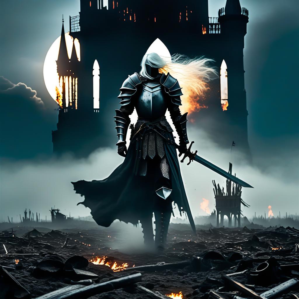  dystopian style Scene, close up shot, top view, a black Gothic tower with a balcony on the right bottom corner, standing on it is a girl in a white dress, with white hair and bare feet. From the top left corner, a knight in black armors gallops towards the tower on a dark burned black field, everything is happening at night under a full moon. The frame should have a knight in black armor in it. . bleak, post apocalyptic, somber, dramatic, highly detailed hyperrealistic, full body, detailed clothing, highly detailed, cinematic lighting, stunningly beautiful, intricate, sharp focus, f/1. 8, 85mm, (centered image composition), (professionally color graded), ((bright soft diffused light)), volumetric fog, trending on instagram, trending on tumblr, HDR 4K, 8K