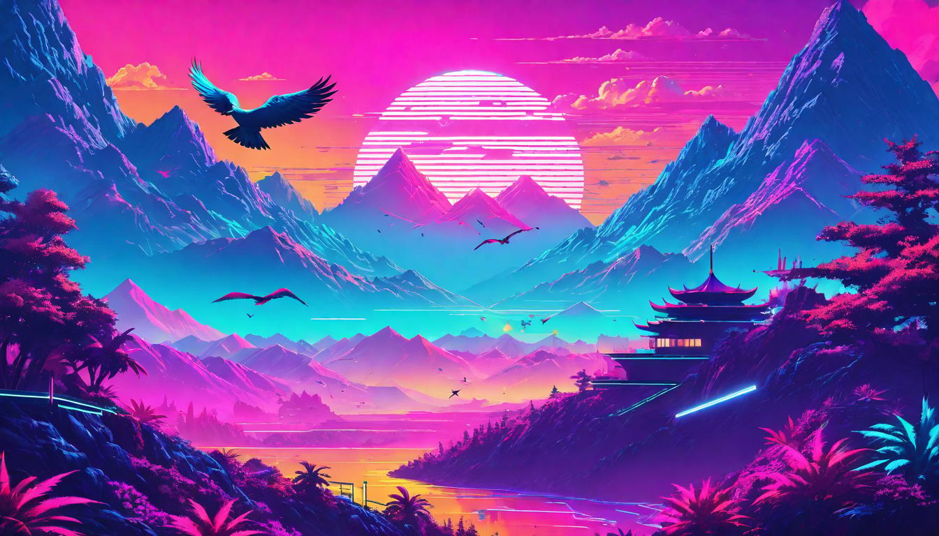  vaporwave,cyberpunk game style A single bird flying away from a flock towards a distant mountain. Individual path, break from conformity, aspirational flight, freedom from mundane conversationseon, dystopian, futuristic, digital, vibrant, detailed, high contrast, reminiscent of cyberpunk genre video games,retro aesthetic, cyberpunk, vibrant, neon colors, vintage 80s and 90s style, highly detailed