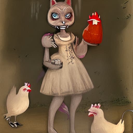  Voodoo kitty holding a vase in one hand and a dead chicken in the other