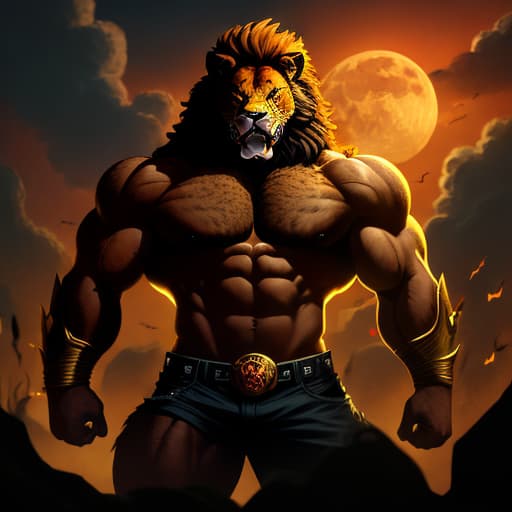  (The Lion of Hell, mythological Lion, full body, in Marvel style cartoon,An imposing mixture of 2 creatures (lion and hyena) Gigachad, he is black and auburn tabby, large teeth, in the savannah of Hell, glaucous and dark savannah, the moon illuminates the savannah, he is angry, muscular, imposing,)