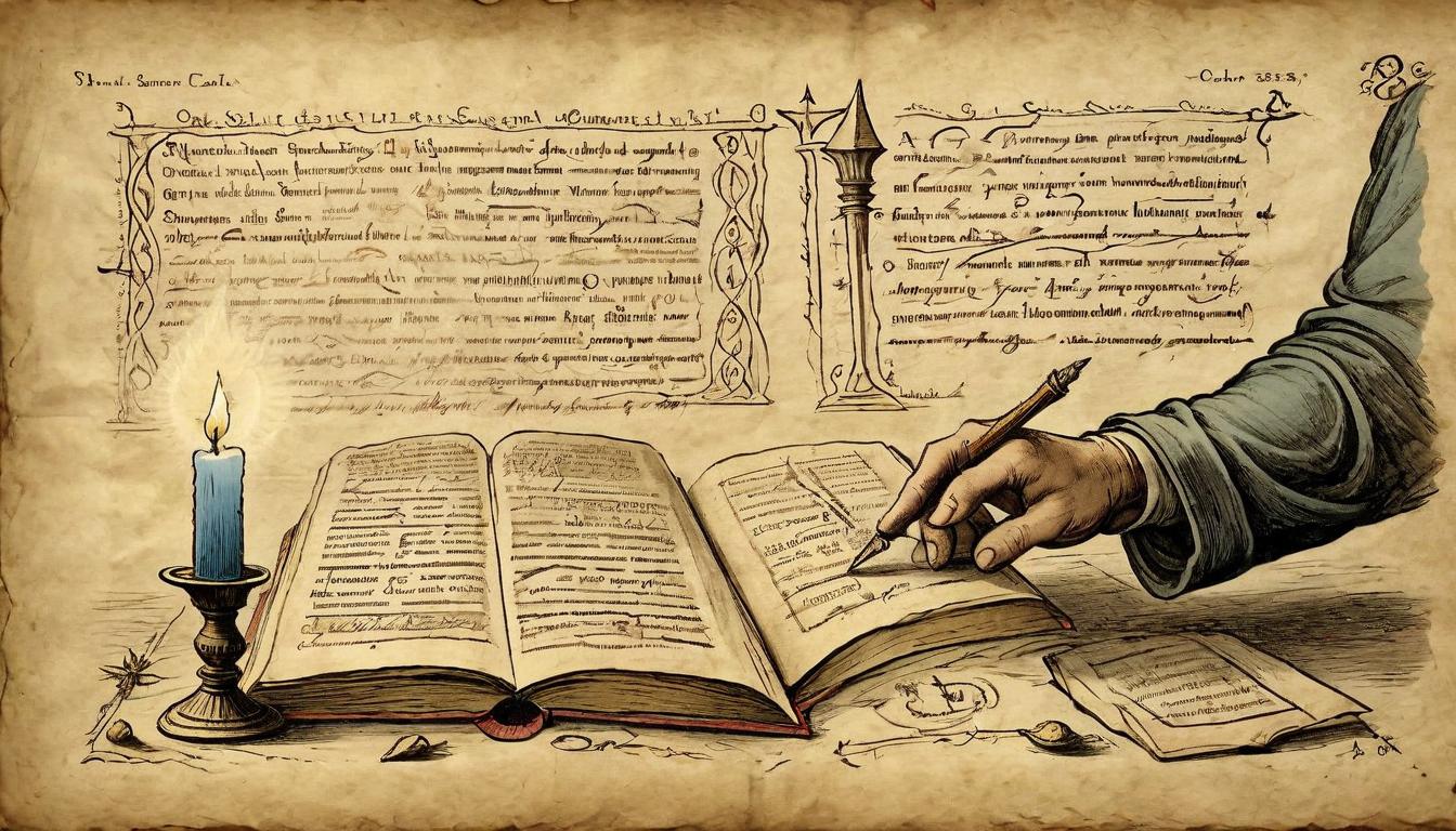  on parchment, surrealism+++, A hand tracing over ancient texts illuminated by a single candle, divine influence in teachings, hidden among the lines, revelation in shadow, divine immanence, contemplative learning, illumination of insight(mysterious, provocative, symbolic,muted color)+++