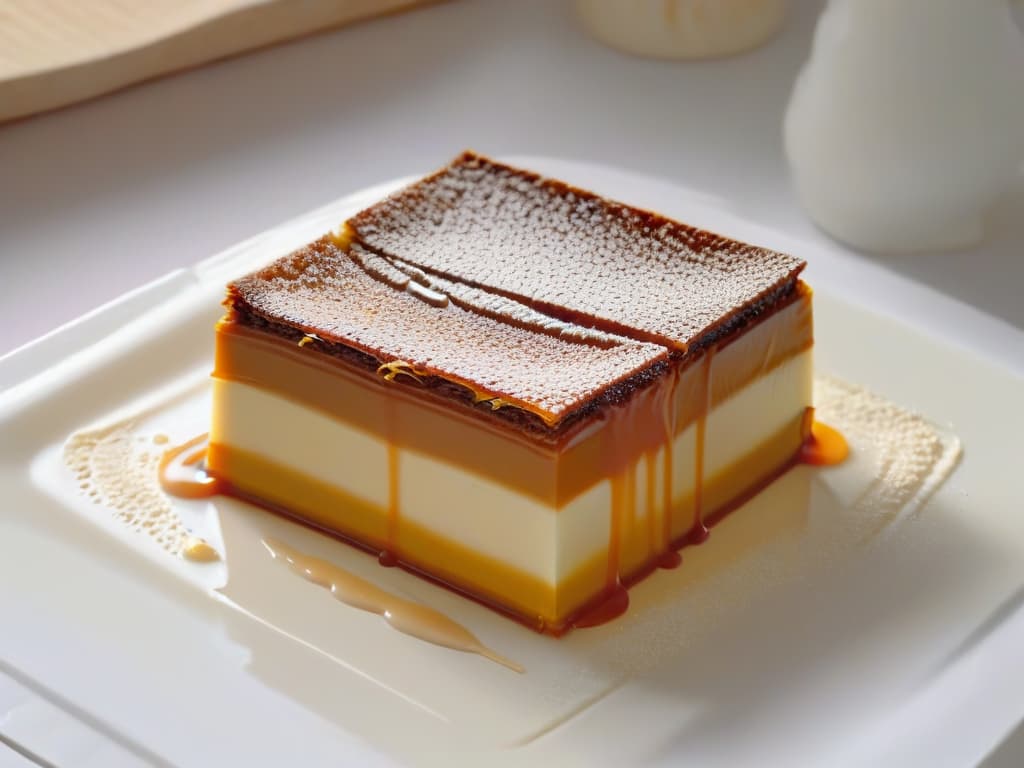  A closeup, ultradetailed image of a perfectly layered Caramel Slice on a sleek, minimalist white plate. The caramel layer is glossy and decadent, with a sprinkle of sea salt glistening on top, contrasting beautifully with the rich, buttery biscuit base. The edges are precise and clean, showcasing the meticulous craftsmanship that went into creating this delectable dessert. hyperrealistic, full body, detailed clothing, highly detailed, cinematic lighting, stunningly beautiful, intricate, sharp focus, f/1. 8, 85mm, (centered image composition), (professionally color graded), ((bright soft diffused light)), volumetric fog, trending on instagram, trending on tumblr, HDR 4K, 8K