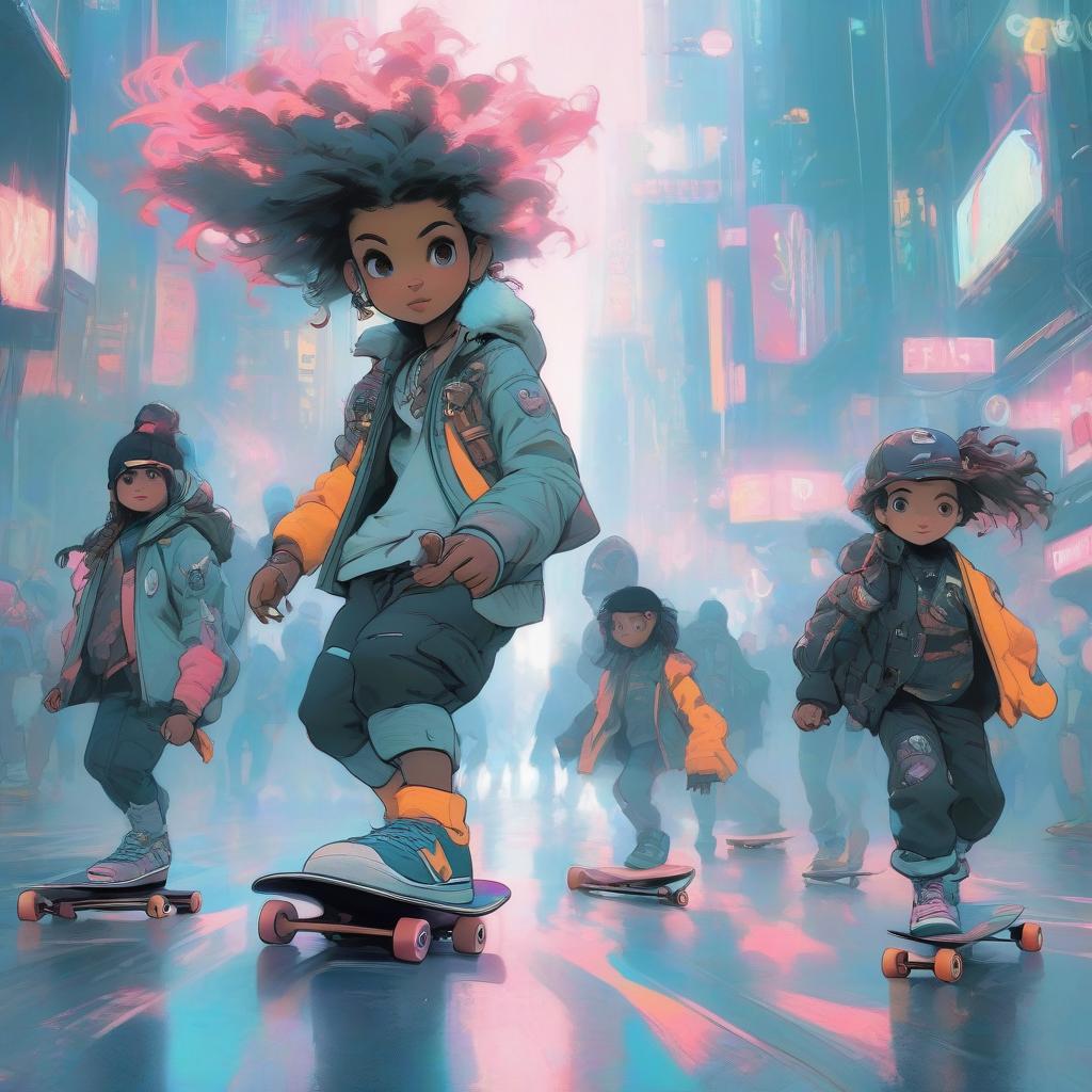  Above image, 8 children, with proper facial proportions, skateboarding, Spanish city of the future, effect of reality, cyberpunk style. hyperrealistic, full body, detailed clothing, highly detailed, cinematic lighting, stunningly beautiful, intricate, sharp focus, f/1. 8, 85mm, (centered image composition), (professionally color graded), ((bright soft diffused light)), volumetric fog, trending on instagram, trending on tumblr, HDR 4K, 8K