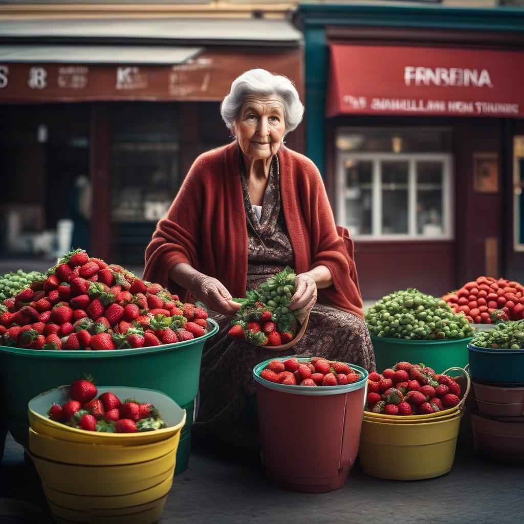  cinematic film still Grandmother selling strawberries on the street in cups. . shallow depth of field, vignette, highly detailed, high budget, bokeh, cinemascope, moody, epic, gorgeous, film grain, grainy hyperrealistic, full body, detailed clothing, highly detailed, cinematic lighting, stunningly beautiful, intricate, sharp focus, f/1. 8, 85mm, (centered image composition), (professionally color graded), ((bright soft diffused light)), volumetric fog, trending on instagram, trending on tumblr, HDR 4K, 8K