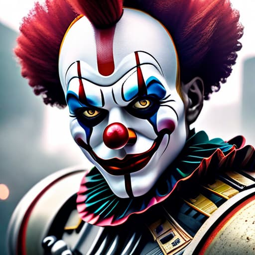  Clown robot hyperrealistic, full body, detailed clothing, highly detailed, cinematic lighting, stunningly beautiful, intricate, sharp focus, f/1. 8, 85mm, (centered image composition), (professionally color graded), ((bright soft diffused light)), volumetric fog, trending on instagram, trending on tumblr, HDR 4K, 8K