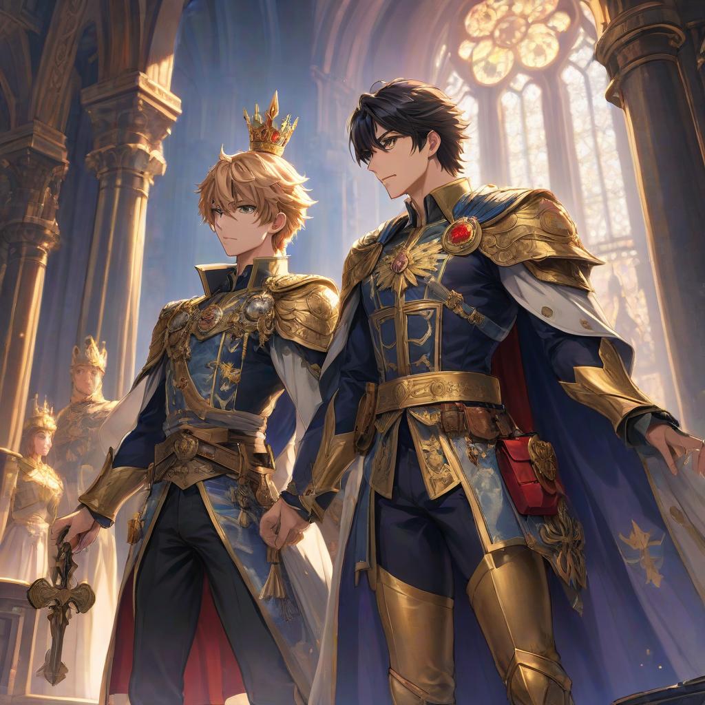  anime artwork Two princes. One wants peace and the well being of the citizens of his country, while the other wants war and to be at the head of power. . anime style, key visual, vibrant, studio anime, highly detailed hyperrealistic, full body, detailed clothing, highly detailed, cinematic lighting, stunningly beautiful, intricate, sharp focus, f/1. 8, 85mm, (centered image composition), (professionally color graded), ((bright soft diffused light)), volumetric fog, trending on instagram, trending on tumblr, HDR 4K, 8K