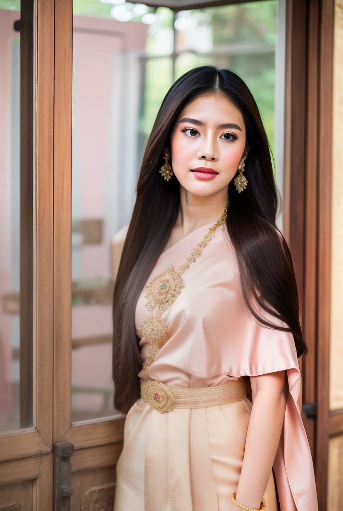  DIGITAL LAI THAI CRYSTAL ART, A CLOSE UP OF OF BEAUTIFUL GIRL, LONG HAIR, WEARS A TRADITIONAL ANCIENT LAI THAI DRESS PASTEL PINK COLOUR, FULL OPTION OF JEWELRY, GOLD SHOES, BEAUTIFUL ANCIENT THAI HOME, BOGEH BACKGROUND, sabai,jewelry,thailand tradition dress ADVERTISING PHOTO,high quality, good proportion, masterpiece , The image is captured with an 8k camera