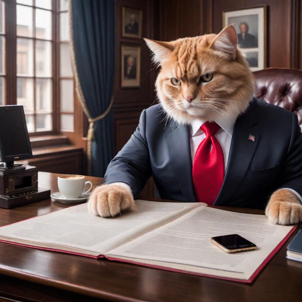  A meme featuring Donald Trump. He is in a comedic, exaggerated pose, possibly at a desk with a smartphone in hand, wearing his classic suit and red tie. The caption at the top reads, "I HAVEN'T HAD MY COFFEE YET" and at the bottom reads, "DON'T PURRR-SUE ME". The style should be light-hearted and humorous, similar to the previous cat meme with the same caption. hyperrealistic, full body, detailed clothing, highly detailed, cinematic lighting, stunningly beautiful, intricate, sharp focus, f/1. 8, 85mm, (centered image composition), (professionally color graded), ((bright soft diffused light)), volumetric fog, trending on instagram, trending on tumblr, HDR 4K, 8K