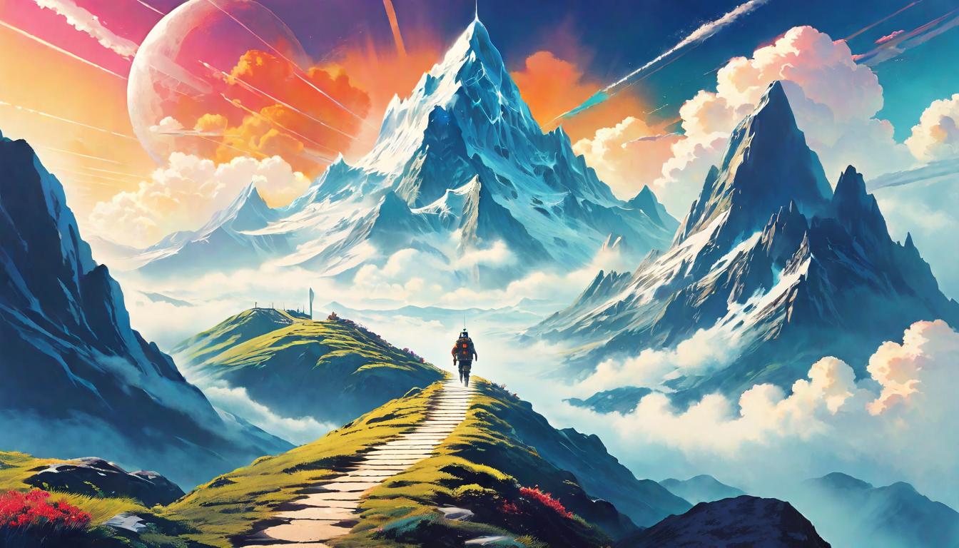  retro futuristic Footprints lead towards a mist covered mountain peak, journey of the spirit, dappled sunlight through clouds, path suggests exploration and discovery, solitude, transformation lvintage sci fi, 50s and 60s style, atomic age, vibrant, highly detailed